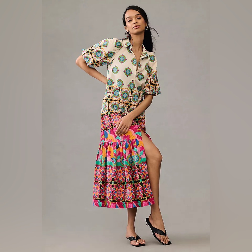 Anthropologie Mixed Print Buttondown Maxi Dress Bohemian Floral Multicolor